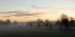 A foggy sunrise at Bellinter at Bellinter in panoramic format.