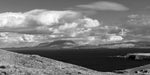 A beautiful view from Clare Island over Clew Bay towards Croagh Patrick on the mainland in black and white.