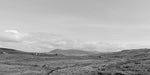 Clare Island looking across Clew Bay to Croagh Patrick on the mainland in black and white.