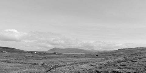 Clare Island looking across Clew Bay to Croagh Patrick on the mainland in black and white.